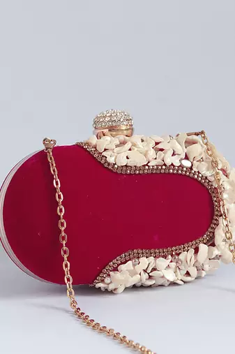 Red velvet sea shells hand embroidered clutch