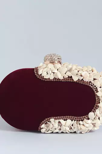 Velvet red sea shells hand embroidered clutch