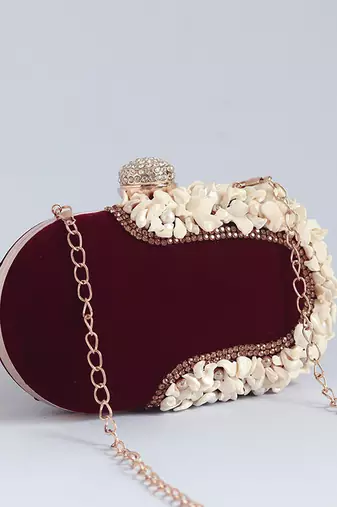 Velvet red sea shells hand embroidered clutch