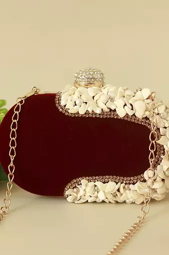 Velvet red sea shells hand embroidered clutch