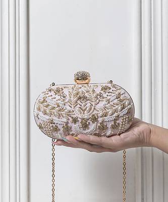Pink silk zarozi hand embroidered clutch 1