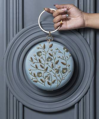 Hand embroidered silk blue clutch 1