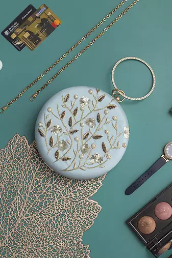 Hand embroidered silk blue clutch
