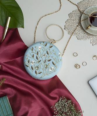 Hand embroidered silk blue clutch 3
