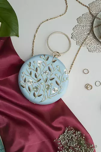 Hand embroidered silk blue clutch