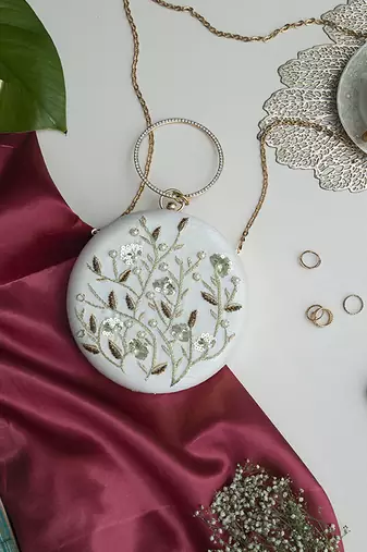 hand embroidered white silk clutch