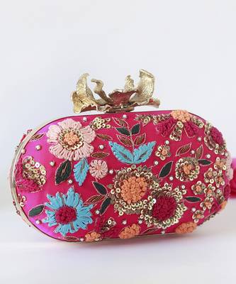 Pink silk resham hand embroidered clutch 1