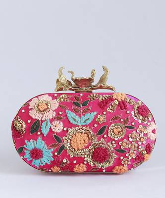 Pink silk resham hand embroidered clutch 2