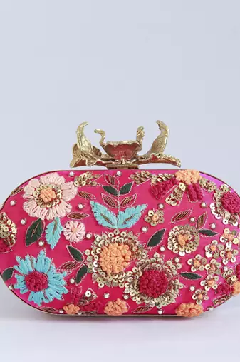 Pink silk resham hand embroidered clutch
