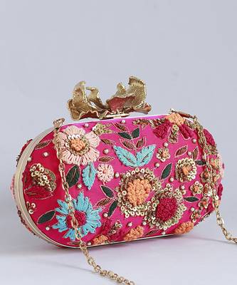 Pink silk resham hand embroidered clutch 3