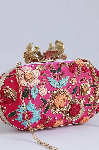 Pink silk resham hand embroidered clutch