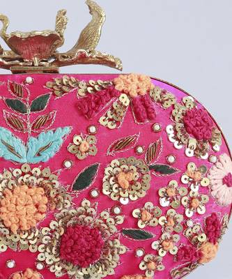 Pink silk resham hand embroidered clutch 4