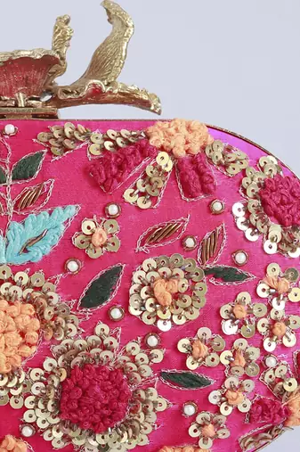 Pink silk resham hand embroidered clutch