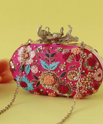 Pink silk resham hand embroidered clutch 5