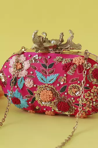 Pink silk resham hand embroidered clutch