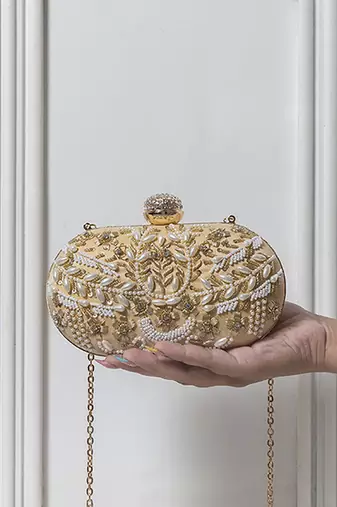 Gold silk zarozi hand embroidered clutch