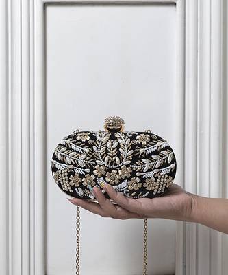 Black silk zarozi hand embroidered clutch 1