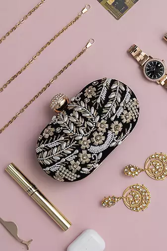 Black silk zarozi hand embroidered clutch