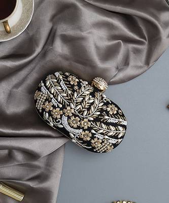 Black silk zarozi hand embroidered clutch 3