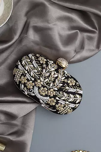 Black silk zarozi hand embroidered clutch
