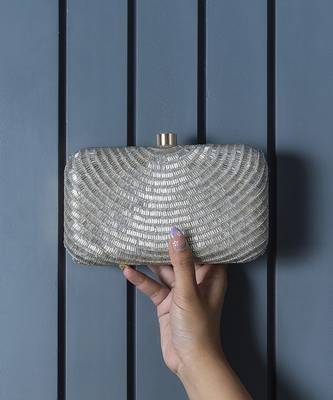 Silver silk hand embroidered party clutch 1
