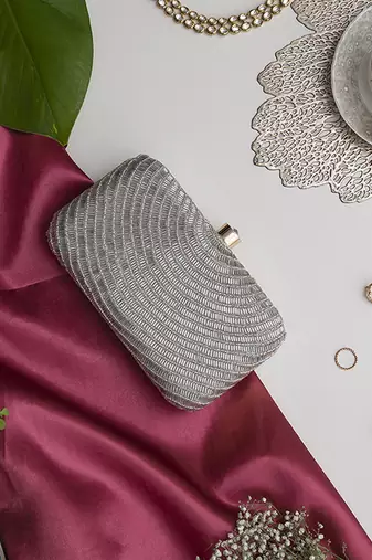 Silver silk hand embroidered party clutch