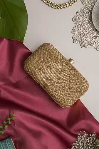 Gold silk hand embroidered party clutch