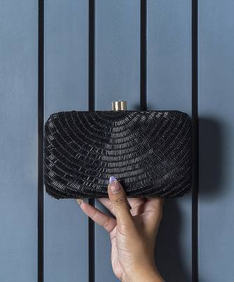Black silk hand embroidered party clutch 1