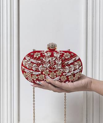 Red silk zarozi hand embroidered clutch 1