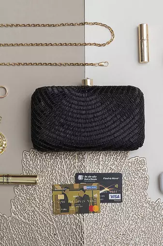 Black silk hand embroidered party clutch