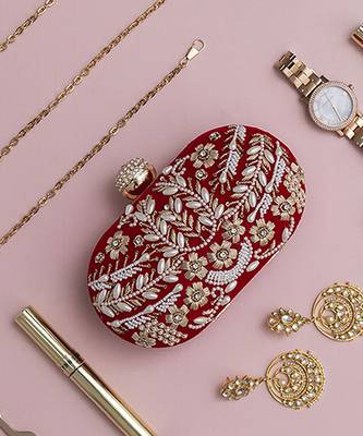 Red silk zarozi hand embroidered clutch 2