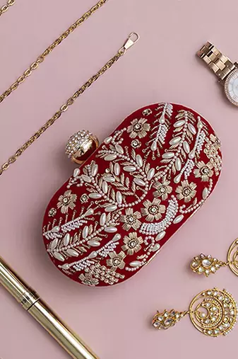 Red silk zarozi hand embroidered clutch