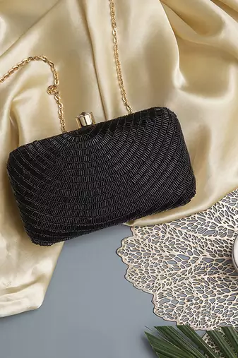 Black silk hand embroidered party clutch