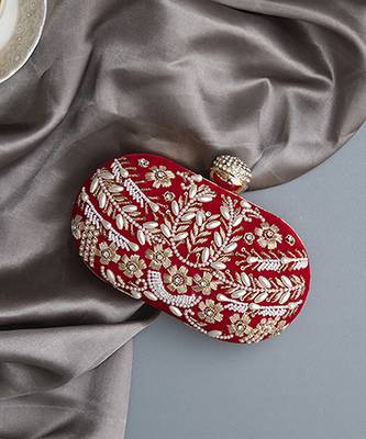Red silk zarozi hand embroidered clutch 3