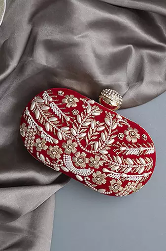 Red silk zarozi hand embroidered clutch