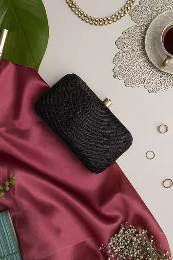Black silk hand embroidered party clutch