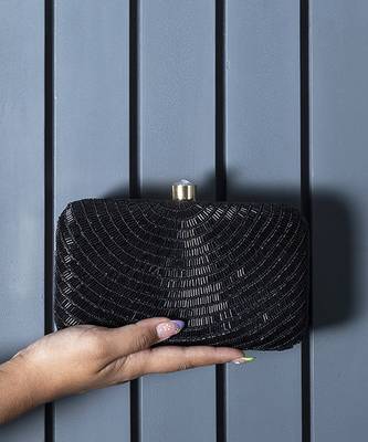 Black silk hand embroidered party clutch 5