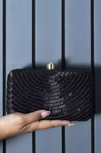 Black silk hand embroidered party clutch