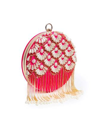 Pink silk hand embroidered clutch with tassles 2