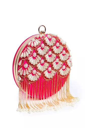Pink silk hand embroidered clutch with tassles