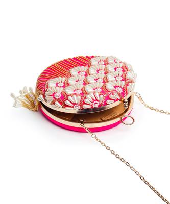 Pink silk hand embroidered clutch with tassles 4