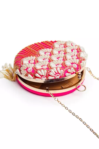 Pink silk hand embroidered clutch with tassles