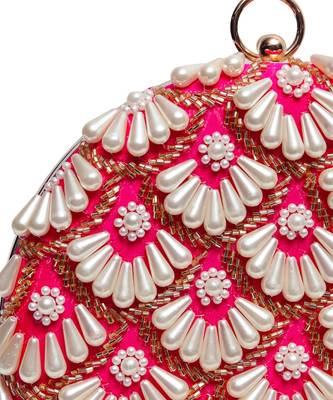 Pink silk hand embroidered clutch with tassles 5