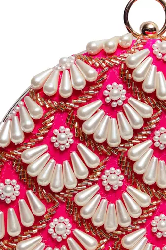 Pink silk hand embroidered clutch with tassles