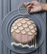 Pink hand embroidered silk clutch with tassles