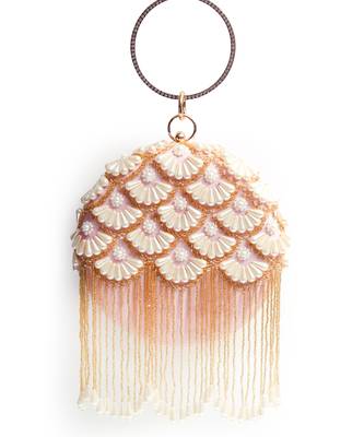 Pink hand embroidered silk clutch with tassles 2