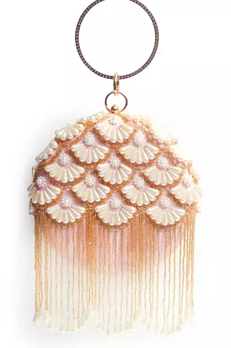 Pink hand embroidered silk clutch with tassles