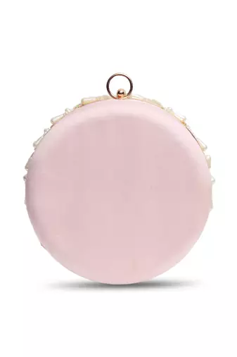 Pink hand embroidered silk clutch with tassles