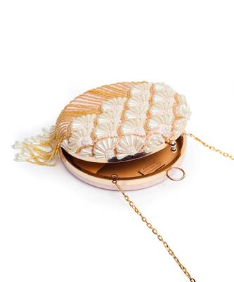 Pink hand embroidered silk clutch with tassles 4