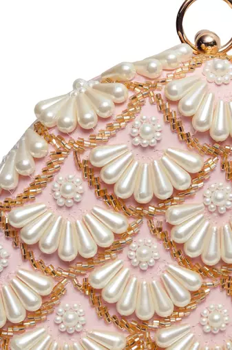 Pink hand embroidered silk clutch with tassles